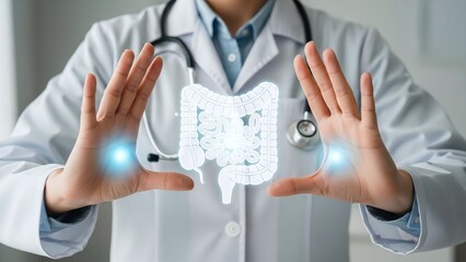 Medical professional holds a glowing digital representation of human intestines showcasing modern diagnostic and health technology.