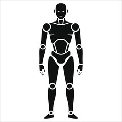Futuristic Humanoid Android Silhouette. Full body vector graphic of a male robot or cyborg. Minimalist black and white icon representing artificial intelligence, future tech, and science fiction. 