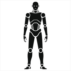 Full Body Standing Humanoid Android Silhouette, Flat Black AI Robot Vector Icon. Isolated Futuristic Cyborg Droid Character on White Background. Artificial Intelligence Robotic Mechanical Being 