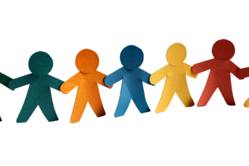 Colorful paper men holding hands on an isolated white background. Concept: unity, diversity.
