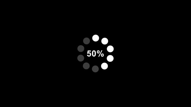 Circle rotating loading or progress bar icon. White dot ring on black background. Animation motion graphic. Downloading - 1 to 100 percentage. Loading process to complete.4k video