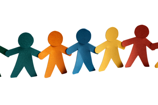 Colorful paper men holding hands on an isolated white background. Concept: unity, diversity.
 - Powered by Adobe