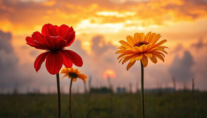 Flowers at sunset close-up. Floral landscape
