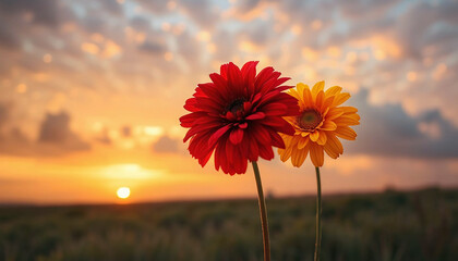 Two gerberas. Wildflowers at sunset. Floral landscape
