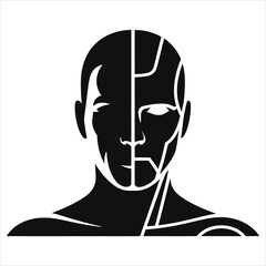 Artificial Intelligence Concept – Split Face Human and Robot Silhouette Vector Illustration, Half Man Half Cyborg Futuristic Technology, Human Machine Interface Icon for Transhumanism © Tanver
