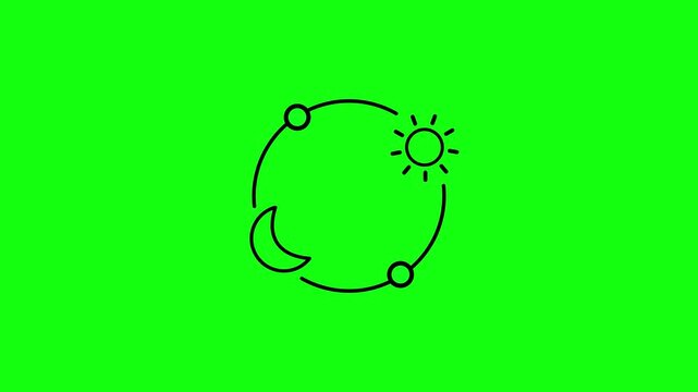 Animated diurnal cycle black line icon. Day and night changing animation. Sun and moon rotating demonstrating biological cycle. Isolated element on green background. Alpha transparent video.4k video