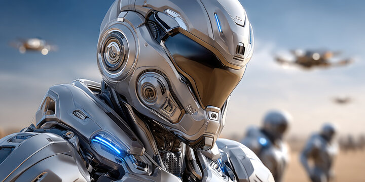 Humanoid robots in high-tech armor engaged in future combat, firing laser weapons with a drone providing aerial support across a dusty, sandy desert battlefield