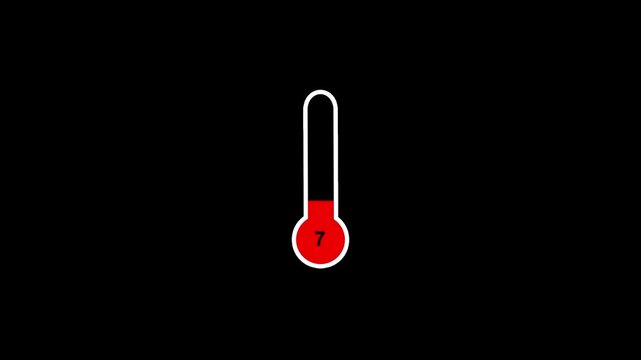 Temperature thermometer icon animation. Classic glass thermometer temperature increasing and decreasing from 1 to 100, thermometer cooling animation on black background .4k video
