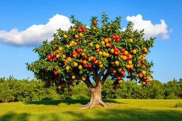 Large tree with huge oranges. Orange tree in a fantasy garden