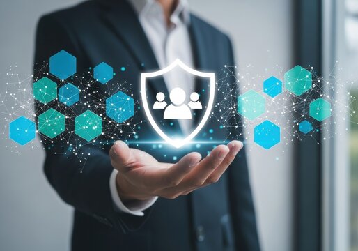 Business professional protecting customer data network with glowing shield icon, illustrating robust digital security and organizational integrity concept.