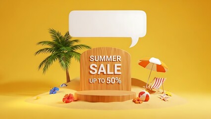 Summer sale up to 50 % podium display, pile of sand, flowers, coconut tree, beach umbrella, beach chair and beach ball, speech bubble space banner design, on yellow background. JPEG