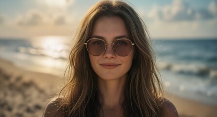 beautiful woman with sunglasses smiling on a tropical beach at sunset