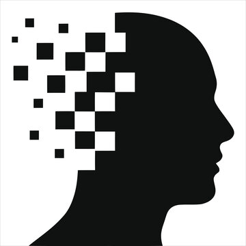 Artificial Intelligence concept. Vector silhouette of a human head transforming into digital pixels, symbolizing AI, machine learning, and the future of technology. Mind dissolving into data.