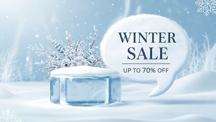 winter sale up to 70% off podium display ,snow of sand, flowers, snow speech bubble. JPEG