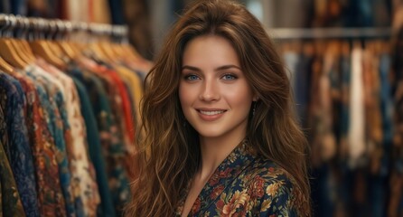 Naklejka premium beautiful woman smiling in a vintage clothing store, fashion and lifestyle concept.