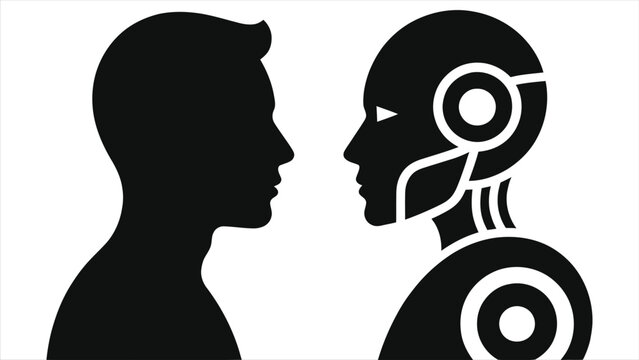 Human vs Robot facing silhouette vector. Artificial Intelligence concept showing man and cyborg profile. Future technology, automation, AI interaction and digital evolution icon design.