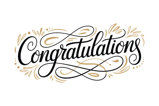 Elegant calligraphy reads congratulations with decorative gold and black flourishes