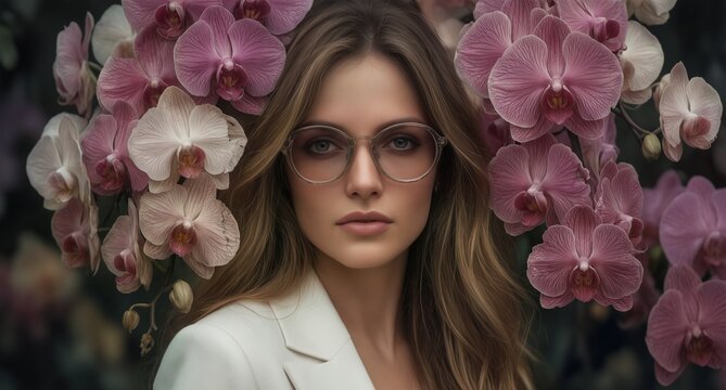 beautiful woman with glasses surrounded by delicate pink orchids in a stylish beauty portrait.