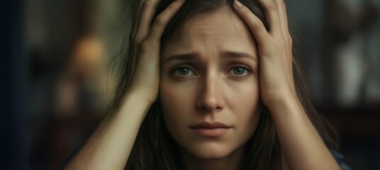 distressed young woman with hands on head expressing anxiety and overwhelm, close-up portrait.
