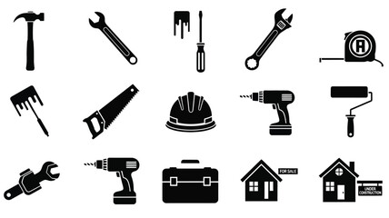 Collection of construction tools and equipment in black silhouette on transparent background