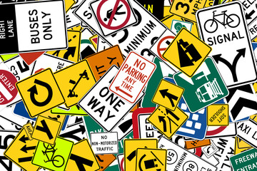 collection of various traffic road signs on black background