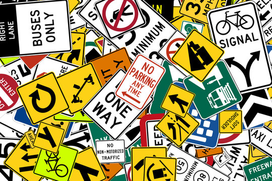 collection of various traffic road signs on black background