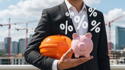 Professional businessman holds an orange hard hat and a pink piggy bank, surrounded by floating percentage symbols.