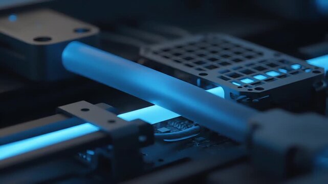 Close-up of a computer's internal components with blue LED lighting illuminating a metal bracket and circuit board in a dark setting.