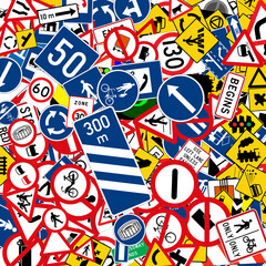 collage of various traffic signs and road symbols