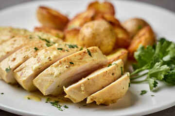 plate of fried boiled potatoes and chicken breast with creamy curry sauce
