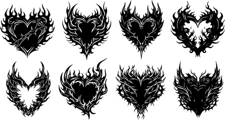Tribal Flaming Heart Tattoo Design Set