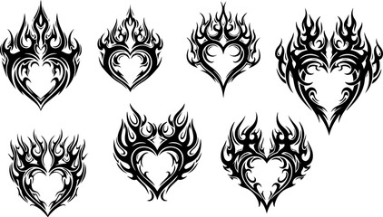 Tribal Flaming Heart Tattoo Design Set