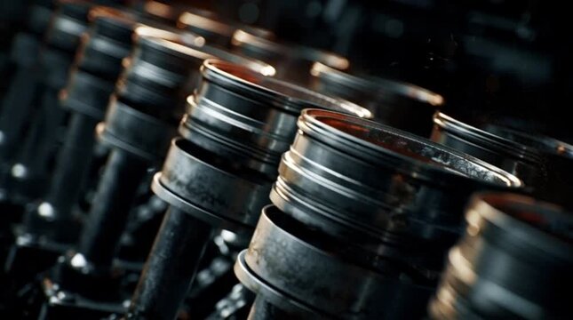 Close-up of mechanical pistons in a row, industrial machinery detail, engine parts in motion, precision engineering, and manufacturing