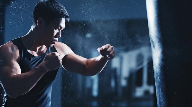 Athletic Boxer Engaged in Training, Shadowboxing with Punching Bag in a Dark Gym