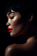 Fototapeta premium side view fashion portrait of asian woman with red lips, elegant studio profile of asian female model on black background, minimal beauty portrait with copy space and dramatic lighting