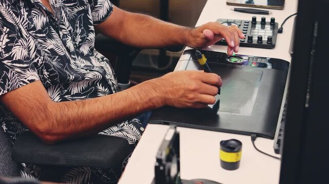 Medium shot of a Latino graphic designer's workstation.