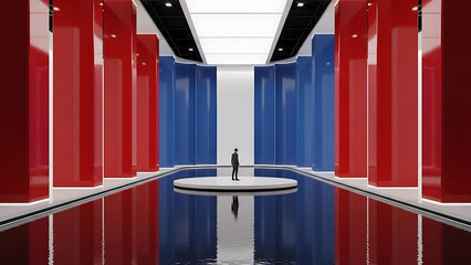 A lone figure stands on a circular stage in a modern, reflective hall with towering red and blue columns.