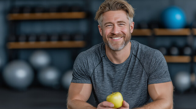 Smiling man holding apple while sitting in gym with fitness equipment   - Powered by Adobe