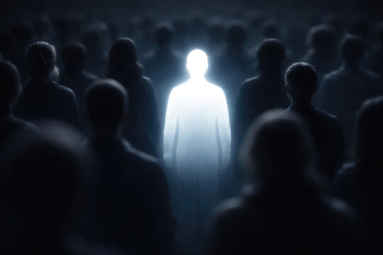 A bright luminous figure stands out among the dark, faceless crowd.