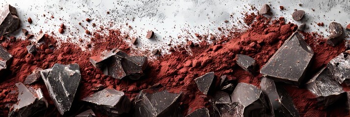 Modern culinary background featuring dark chocolate pieces and red cocoa powder for dessert, baking, or confectionery branding