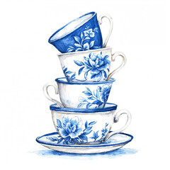 Watercolor stack of blue and white chinoiserie teacups on a saucer, vintage porcelain tea set illustration with floral patterns, isolated on white.