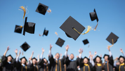 Black graduation caps thrown in blue sky for education success concept