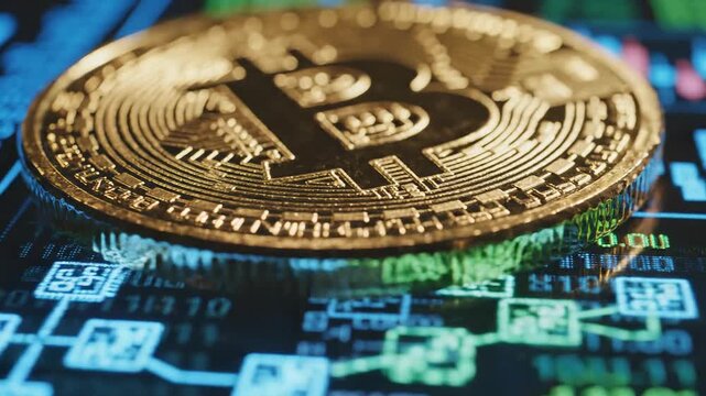 Bitcoin cryptocurrency coin on digital data screen, financial trading