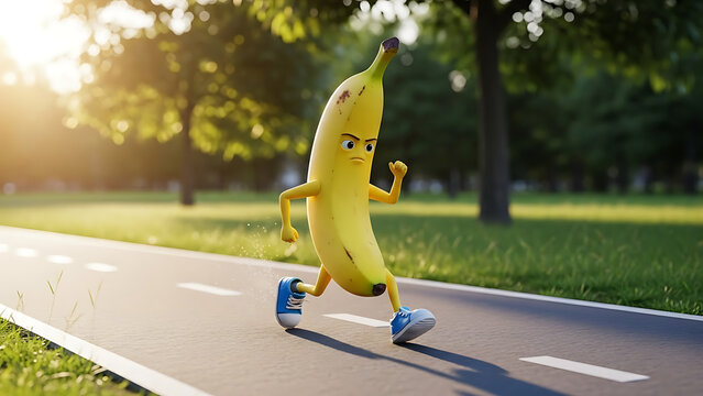 An animated banana character with a determined expression, wearing blue sneakers, running on a paved path in a sunny park with green trees.