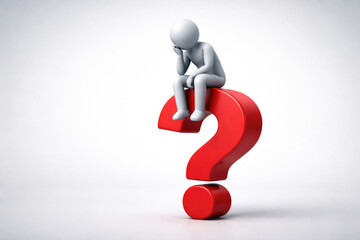 A person is sitting on a large red question mark. Space for text.