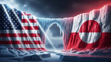 An artistic representation of the American and Danish flags merging into an icy landscape with a waterfall between glacier-like formations