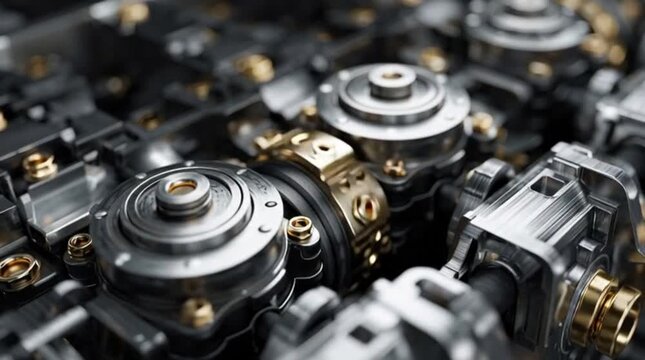 Detailed close-up of intricate metallic mechanical components, revealing the precision engineering and advanced technology within complex industrial machinery