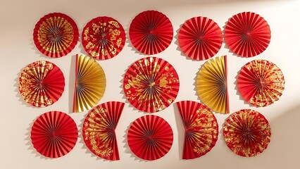 A collection of vibrant red and gold Chinese paper fans arranged on a plain white background showcasing traditional decorative elements