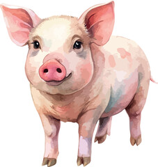 Cute Pink Baby Pig &ndash; Watercolor Animal Vector Illustration