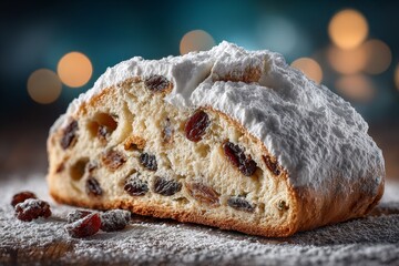 German Christmas stollen slice with powdered sugar and dried fruits on rustic wood, festive lights blurred in cozy holiday atmosphere
